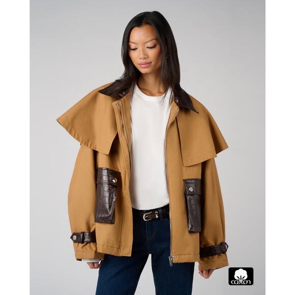 We Wore What Women's Cocoon Barn Jacket Khaki /Dark Brown Size L NWT French Girl - Picture 3 of 13